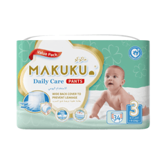 Makuku Daily Care Pants (3) Value Pack (34 Pieces)
ماكوكو حفاضات العناية اليومية كلوت مقاس (3) العبوة الاقتصادية (34 حفاض)